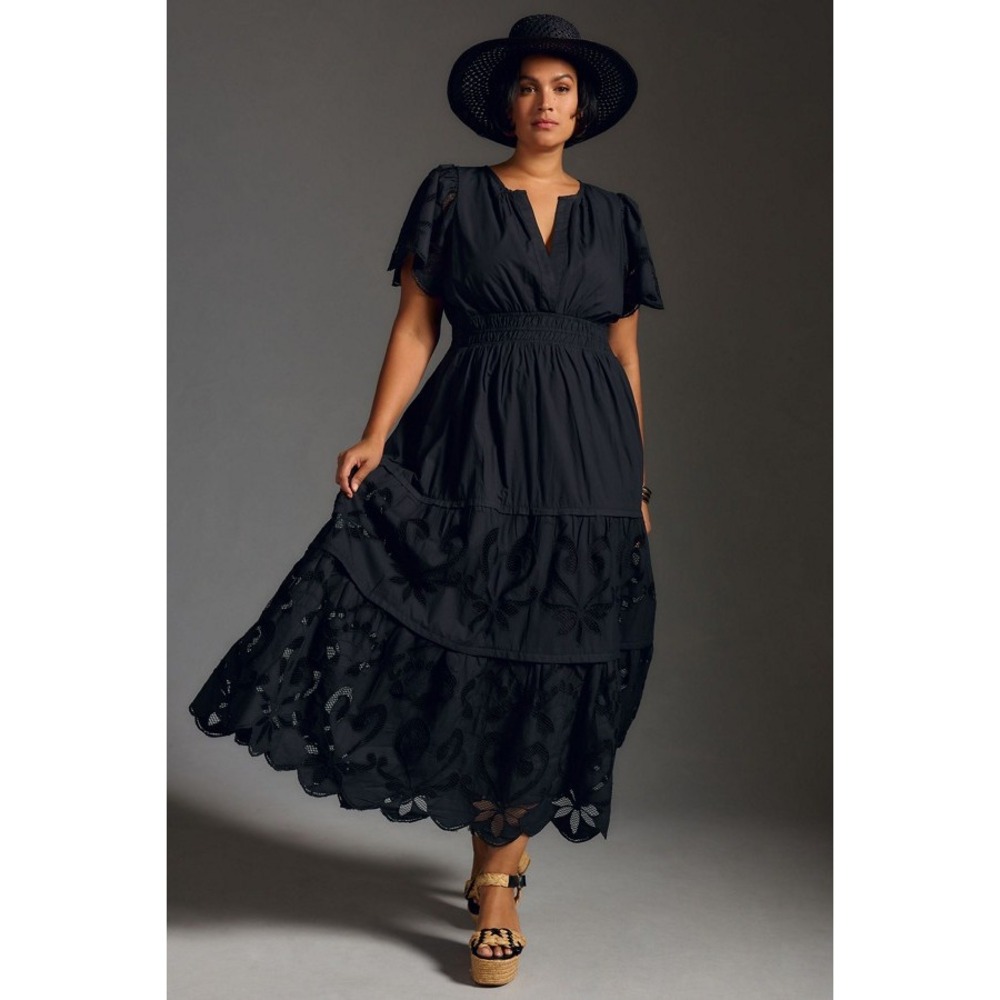 Anthropologie Somerest Black Eyelet Embroidered Maxi Dress Smocked Waist Size M